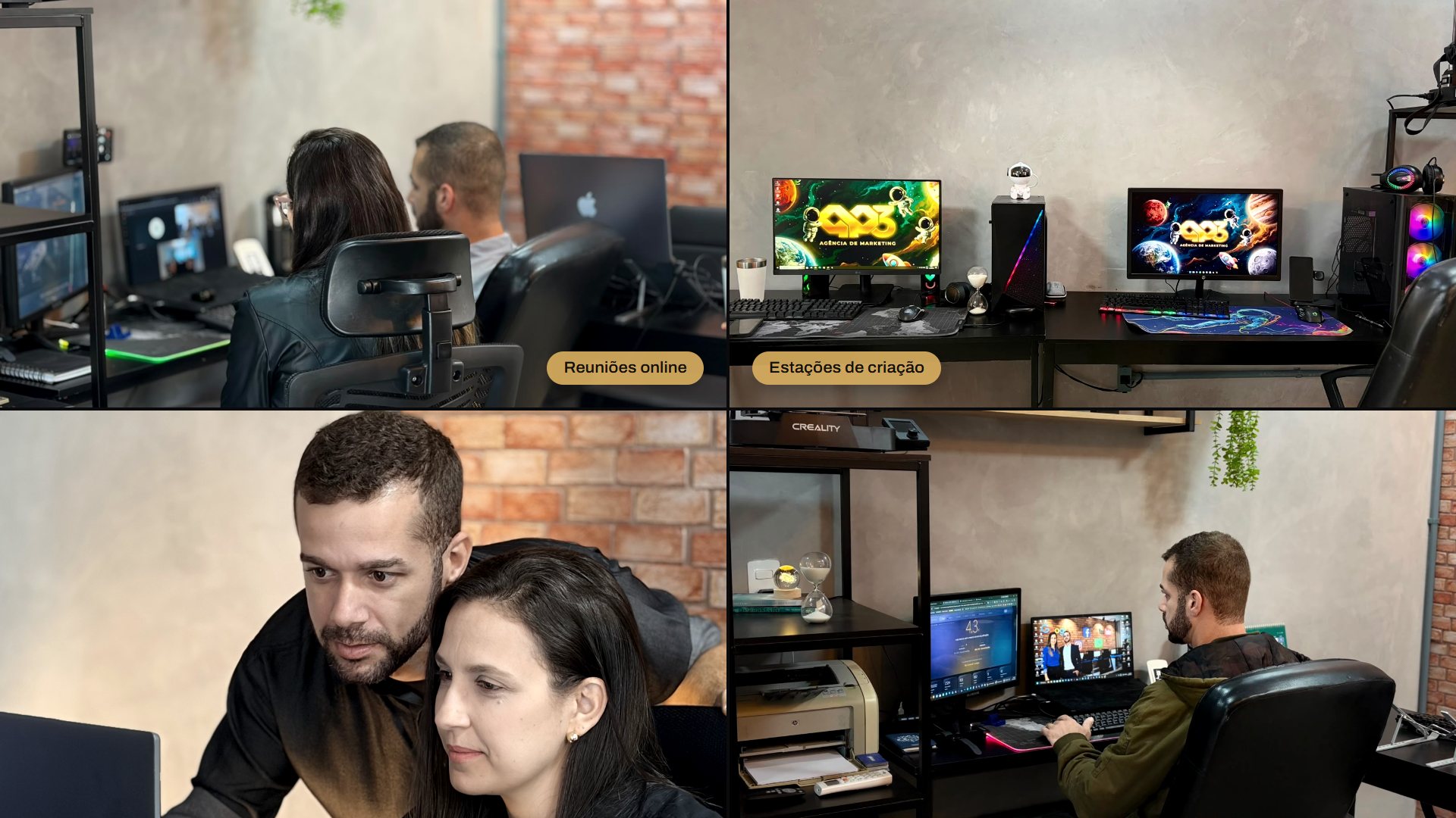 Reuniões online e estações de criação da QP3, com a equipe trabalhando
